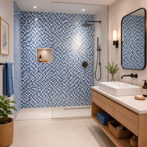 CERAMICA REVESTIMIENTO MOSAICO AZUL Y BLANCO BRILLO 32X57 CM GAMAS DE AZUL
