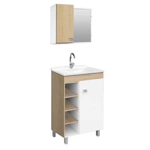 Mueble de baño de pie Sophia Roble 60cm bacha de resina natural y espejo con botiquín Mueble De Baño De Pie Sophia Roble 60cm Bacha De Resina Natural Y Espejo Con Botiquín