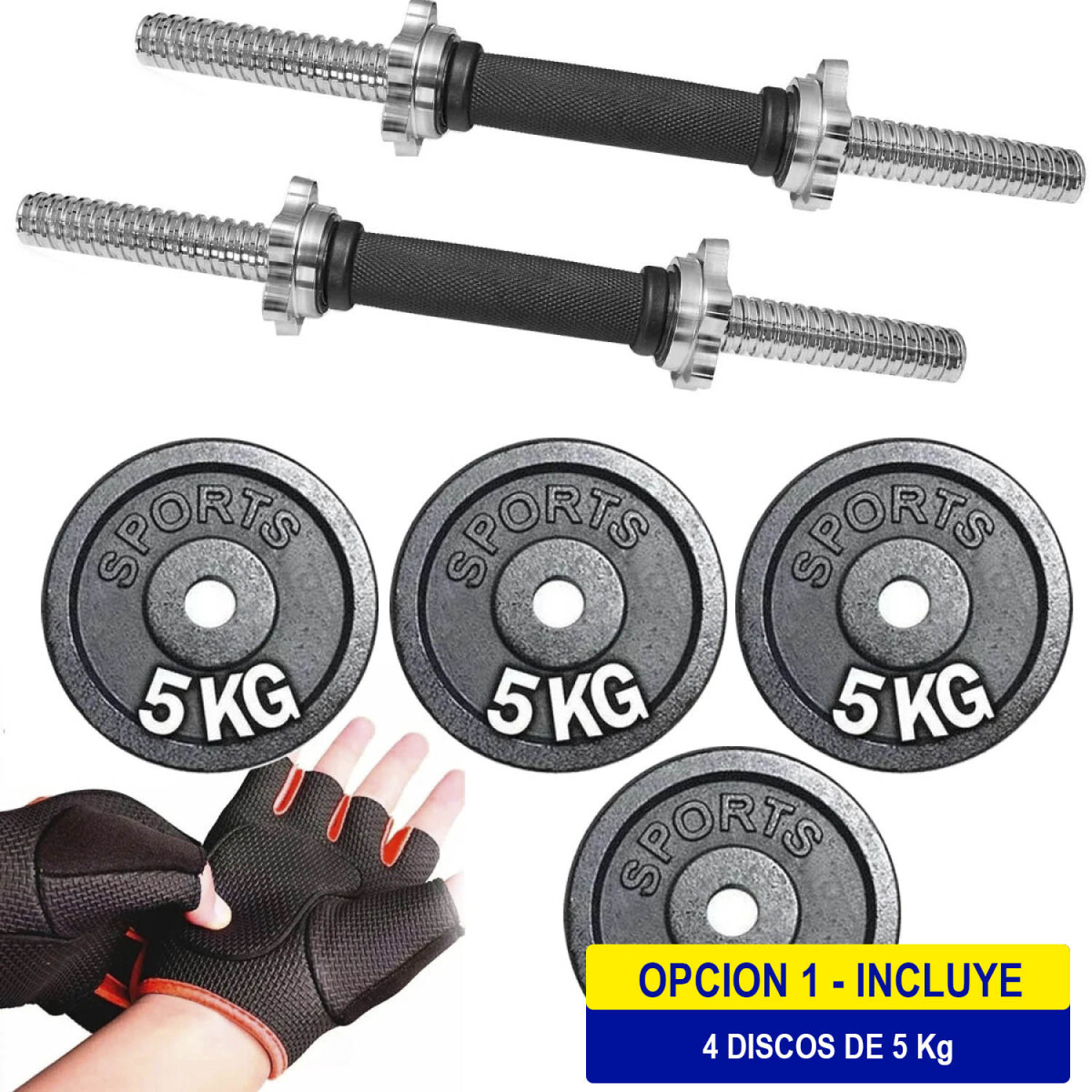 Set 2 Mancuernas Maciza Cromada + 20 Kilos + Guantes - 4 Discos 5kg 