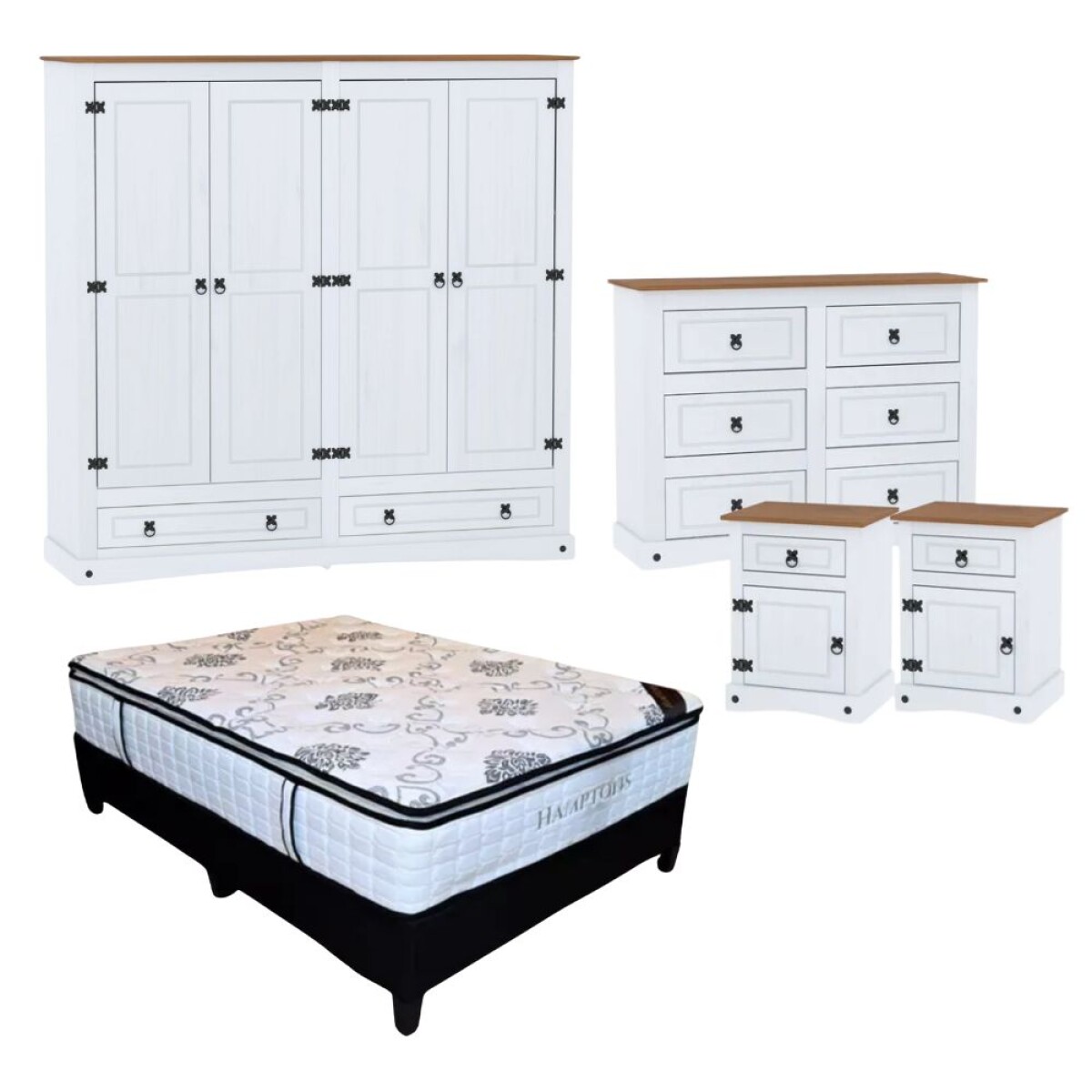 Promo Juego de Dormitorio Linea Naturale + Sommier 2 plazas Hamptons Hybrid Bronze - BLANCO 