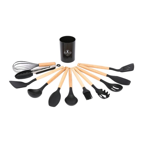 Set de 12 Utensillos de Cocina de Silicona Antiadherente con Mango Madera IMBACK Color Negro Set de 12 Utensillos de Cocina de Silicona Antiadherente con Mango Madera IMBACK Color Negro
