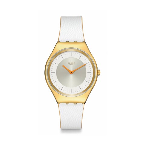 Reloj Swatch SYXG128 Pearl Gleam de cuero y acero inoxidable blanco y dorado Blanco