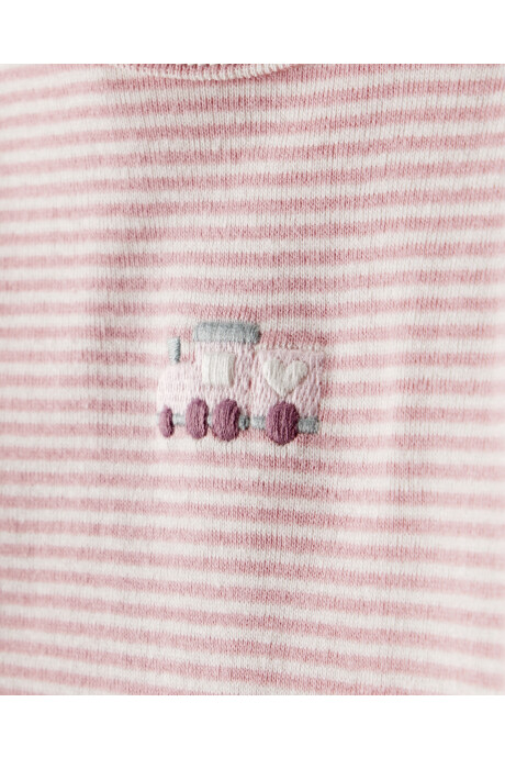 Set tres piezas de algodón, pantalón y dos bodies, rosados, diseño trenes Sin color