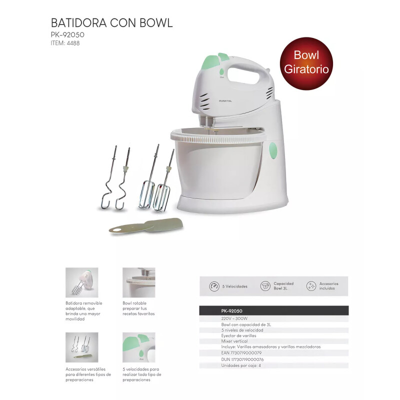 Batidora Punktal PK-92050 300w bowl de 3l con giro automático blanca Batidora Punktal Pk-92050 300w Bowl De 3l Con Giro Automático Blanca