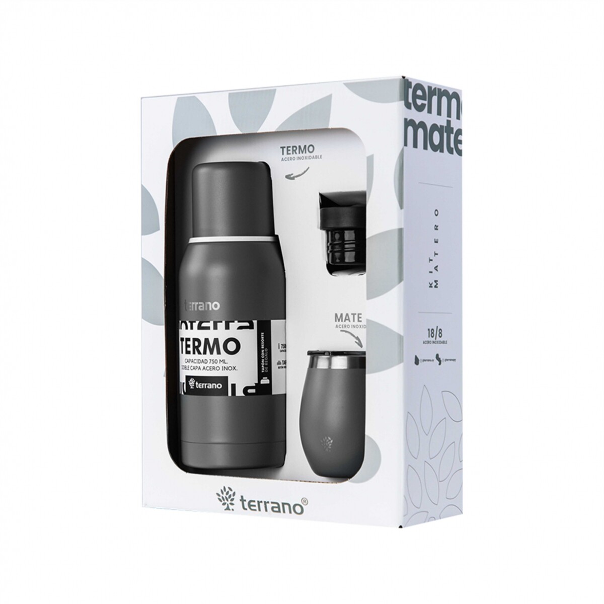 KIT V1 TERMO CLASICO 750ML SIN MANIJA - TERRANO KIT V1 MATE + TERMO CLASICO 750ML GRIS 