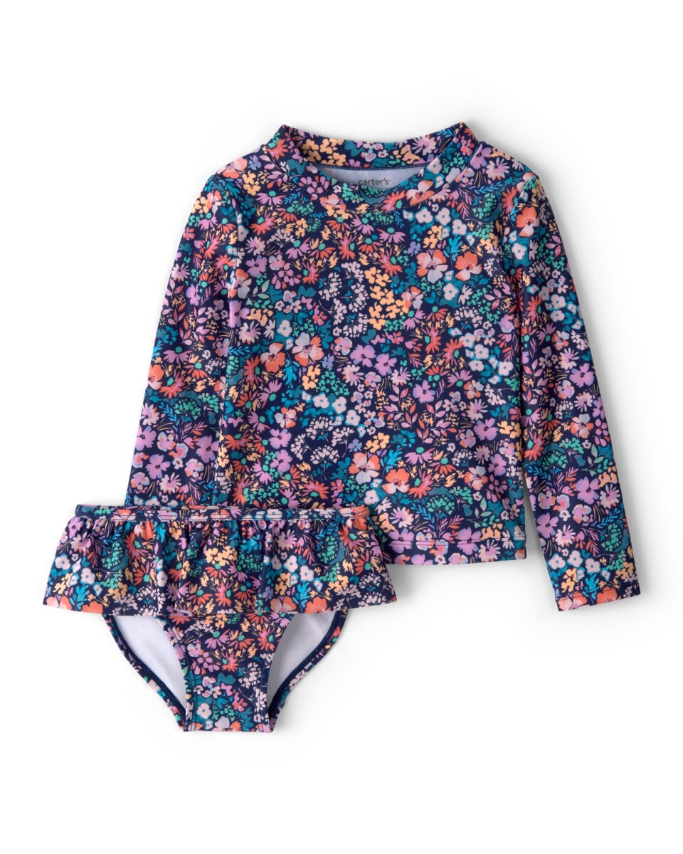 Malla de baño dos piezas, manga larga, con protección UPF 50+, diseño floral. Talles 2-5T 