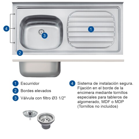 Bajo Mesada 3 Puertas y 2 Cajones con Pileta Izquierda Tramontina Acero Inox - Negro Bajo Mesada 3 Puertas y 2 Cajones con Pileta Izquierda Tramontina Acero Inox - Negro