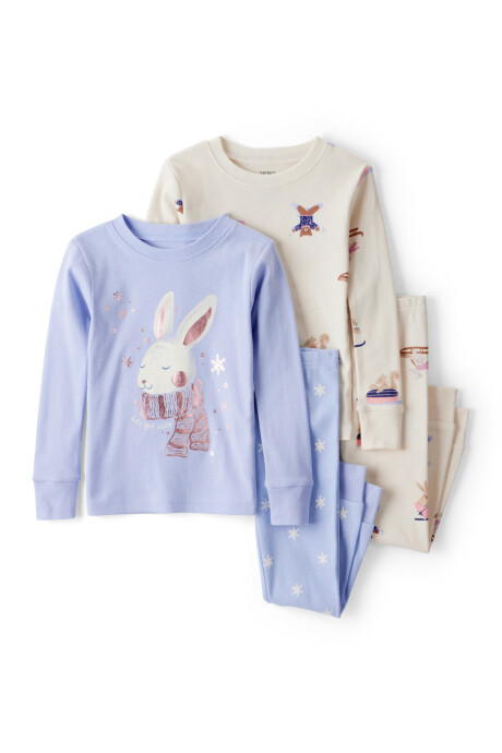 Pijama cuatro piezas de algodón, dos remeras manga larga y dos pantalones, diseño conejita Sin color