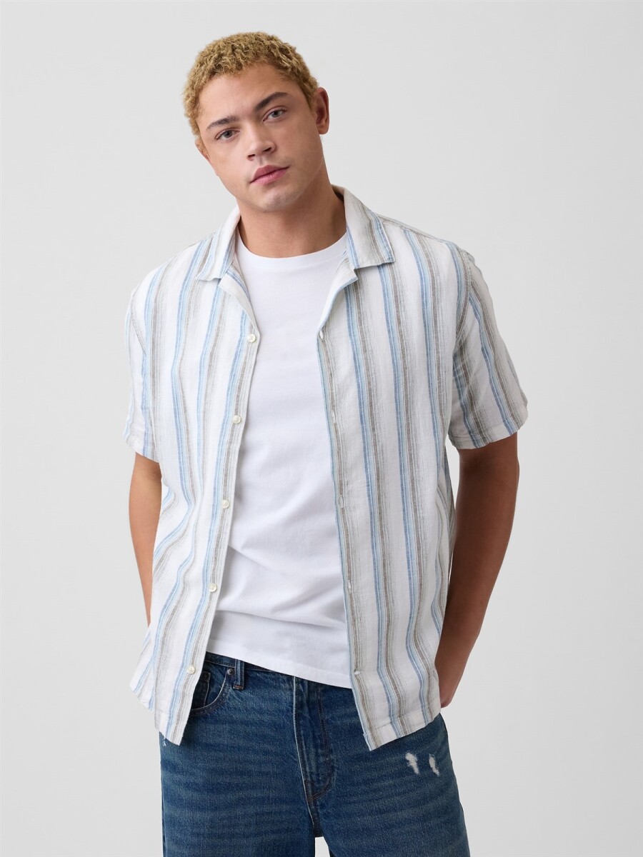 Camisa Manga Corta Lino Hombre - Green Stripe 