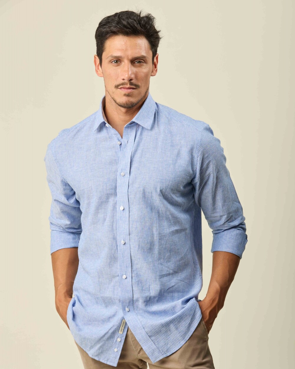 Camisa Lino Algodón Manga Larga Celeste Rayas