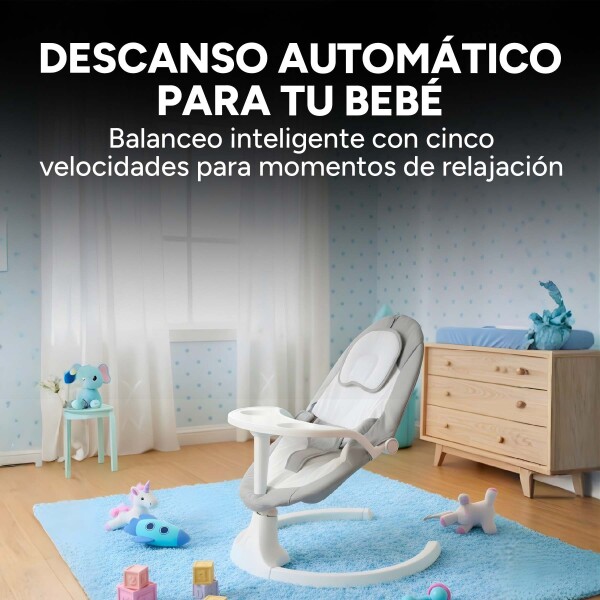 Silla Mecedora Bebé 5 Niveles Control Bluetooth Tul Mesita Gris