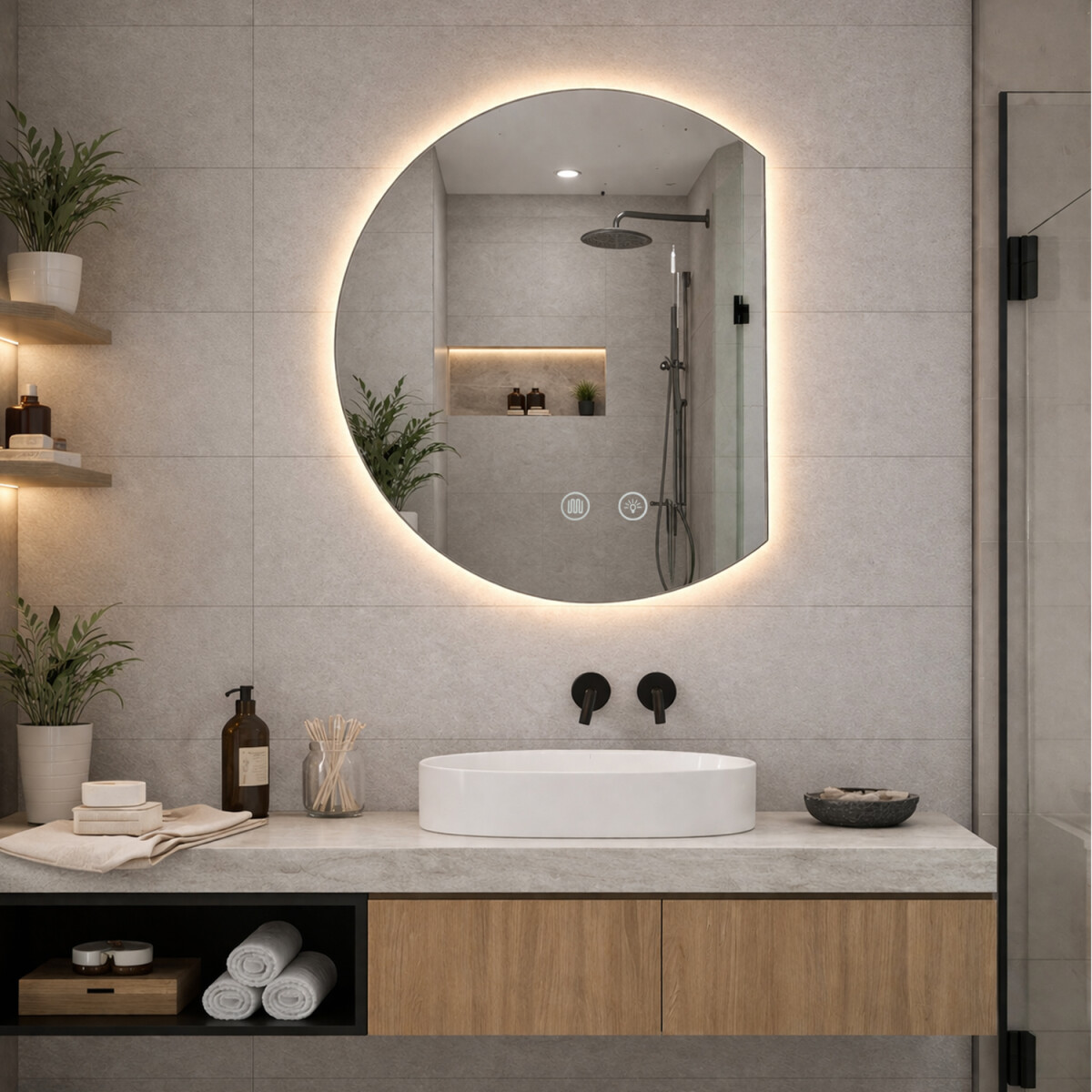 Espejo De Baño Led Redondo Medialuna Desempañador Led08 52 X 60 Cm - ESPEJO REDONDO LED08 52X60 MEDIALUNA 