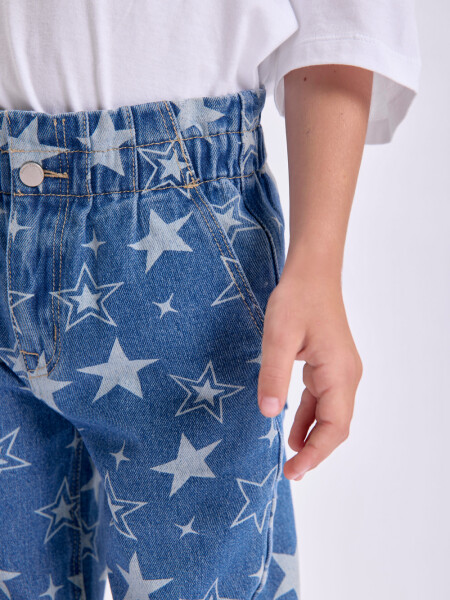 Pantalón jean paper bag Estampado Estrellas Azul Medio
