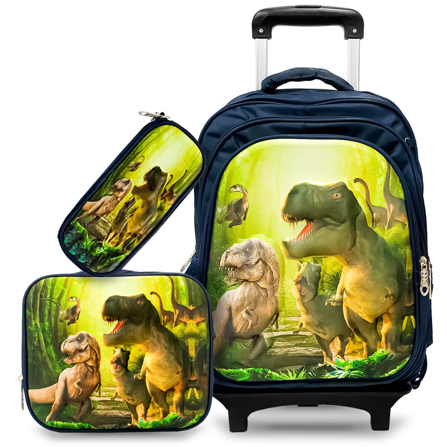 Set X3 Mochila C/ Carro Bolso Cartuchera P Niña Azul Verde Dino
