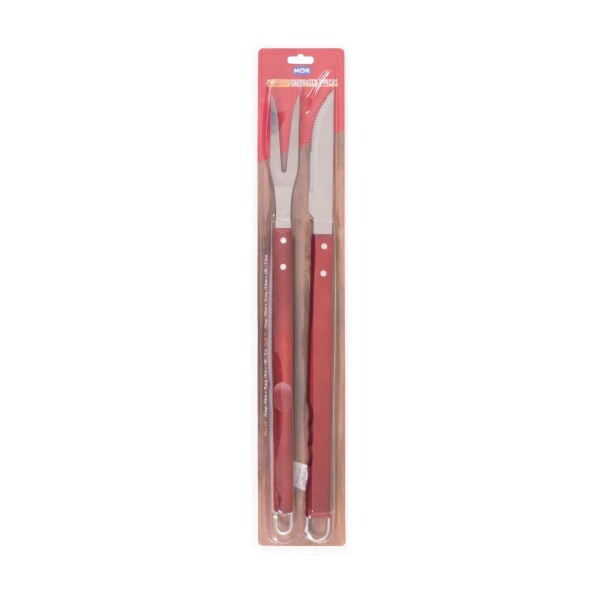 KIT ASADO 2 PIEZAS CUCHILLO Y TENEDOR MADERA MARRON