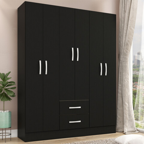 Ropero Armario 6 puertas 2 cajones con estantes y perchero 170 x 134 x 36 cm - Negro Ropero Armario 6 puertas 2 cajones con estantes y perchero 170 x 134 x 36 cm - Negro