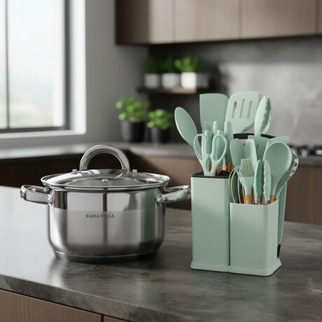 Set Cocina Utensilios Practico 19Pzs + Olla Acero Inoxi 22cm Verde Claro