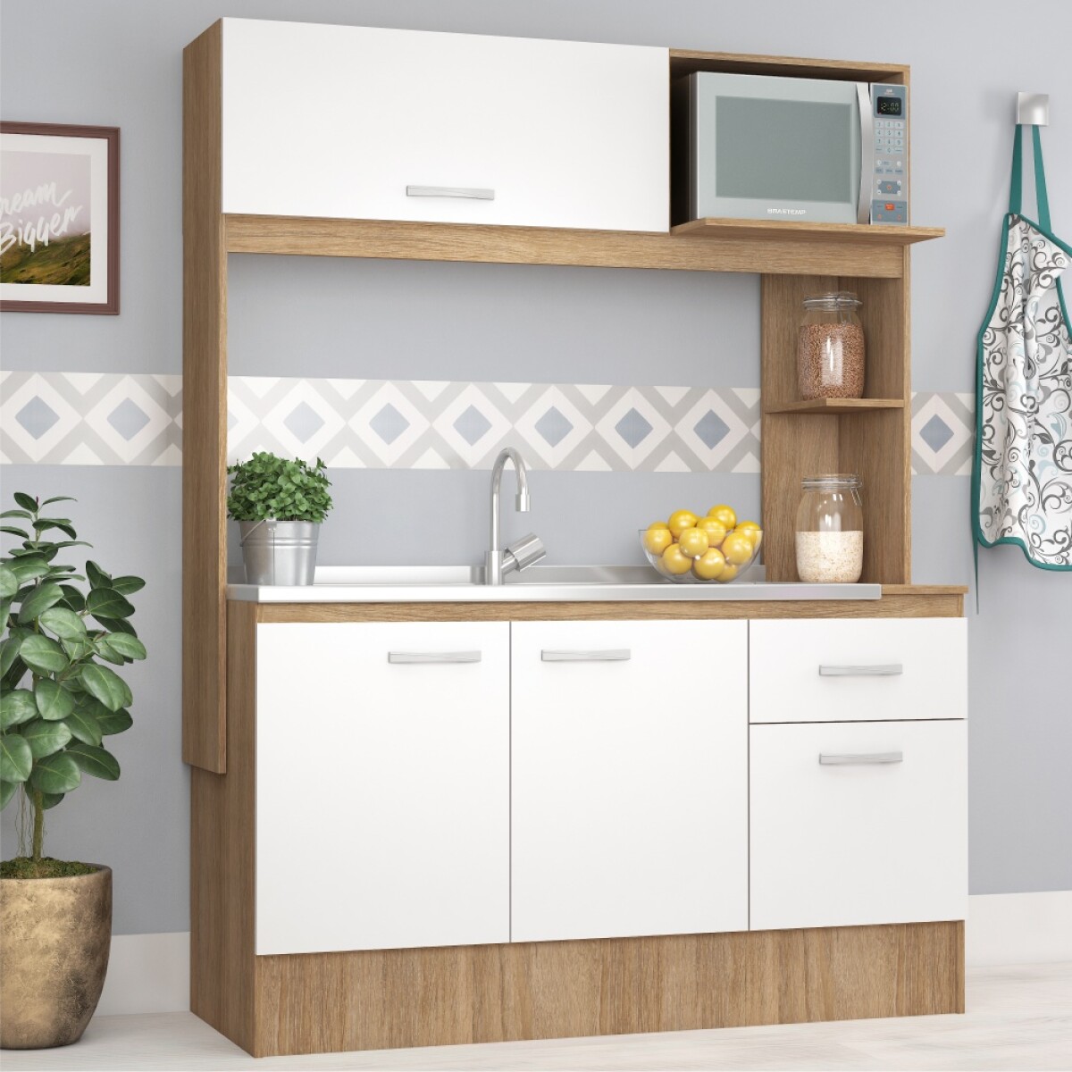 Kit de cocina compacta 4 puertas 1 cajón Patas Ajustables 141 x 50 x 185 cm - Carvale / Blanco 