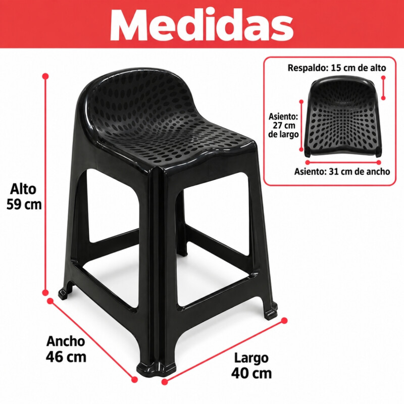 Set x2 Banqueta con respaldo apilable resistente NEGRO