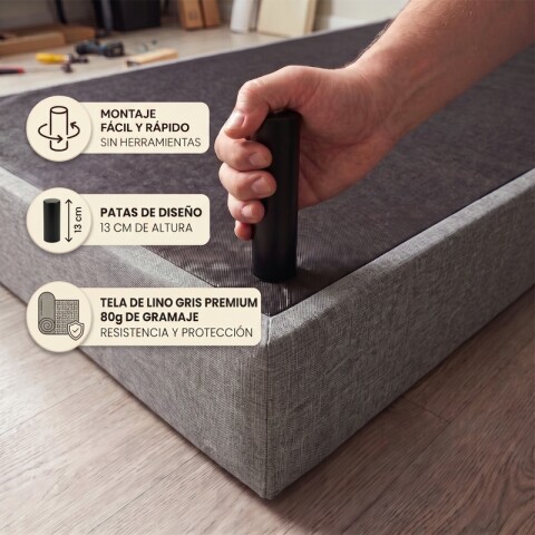 Base Box Sommier Tapizada en Lino Gris para Colchón 1 PLAZA 78 x 188 x 35 cm