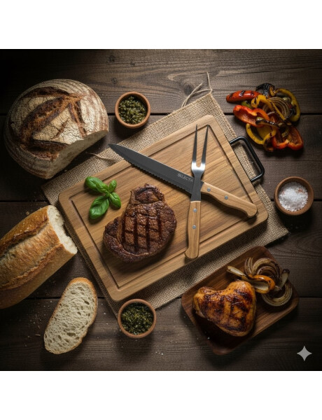 SET TABLA MADERA ACACIA CON CUCHILLA Y TENEDOR 38x28x2CM SET TABLA MADERA ACACIA CON CUCHILLA Y TENEDOR 38x28x2CM