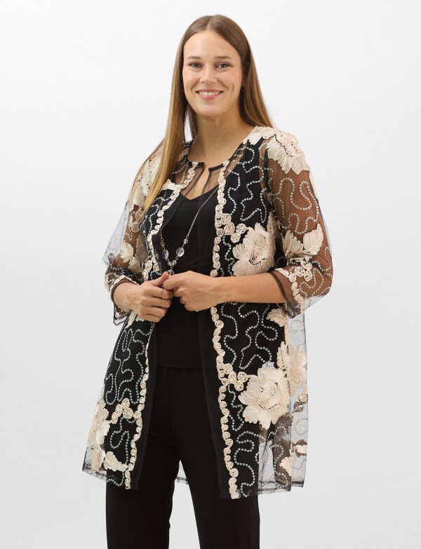 Conjunto 3 Piezas Palazzo Y Túnica De Tul Bordada NEGRO/BEIGE