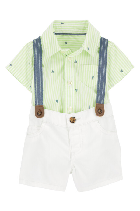 Set tres piezas de algodón, short, body camisa y tiradores Set tres piezas de algodón, short, body camisa y tiradores