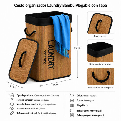 Canasto Cesto Ropa Bambú Plegable Con Tapa Negro