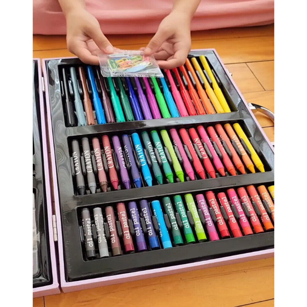 Valija 128 Piezas Marcadores Lápices Crayones Madera Rosa