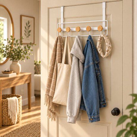 Perchero Puerta 5 Ganchos Metal Bambú Organizador Blanco