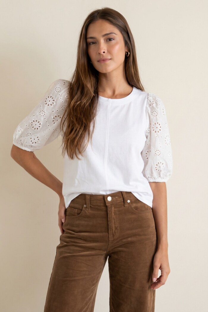 Remera Manga Globo Broderie Blanco