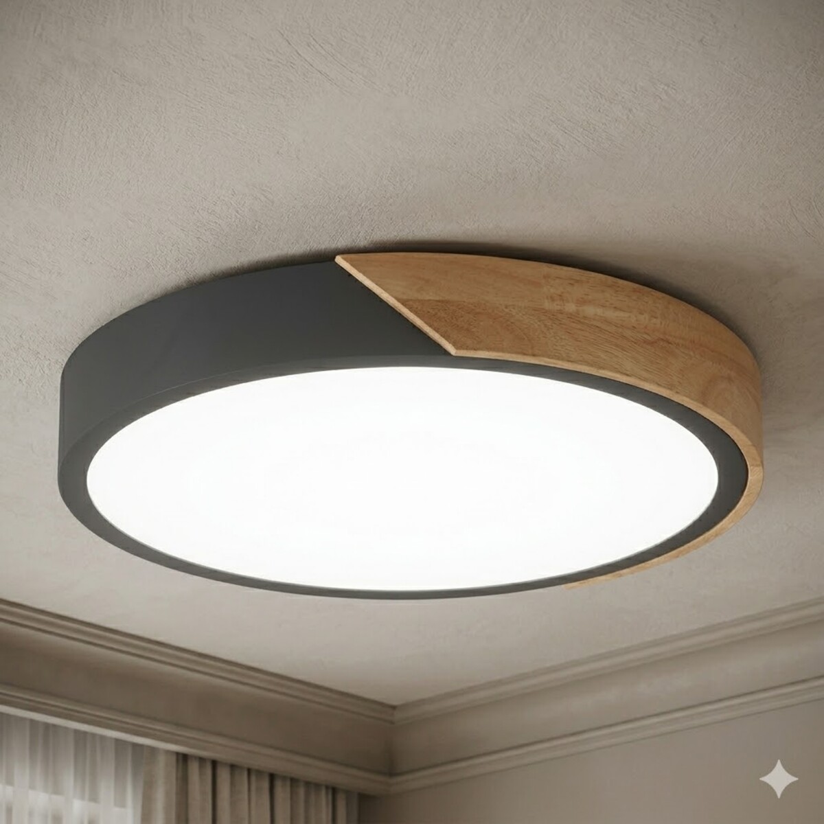 Plafón led circular de madera y aluminio negro mate - Luz neutra 