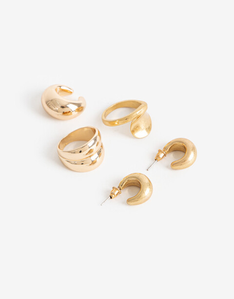 Bijouterie Set Metal Set Aros, Anillos Y Earcuff Metal - Dorado Oro Cepillado Mate