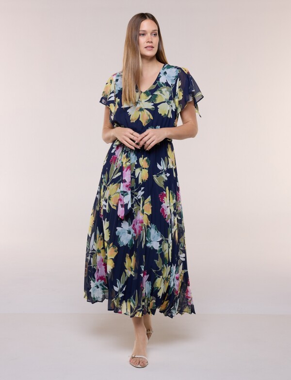 Vestido De Gasa Plisado AZUL/MULTI