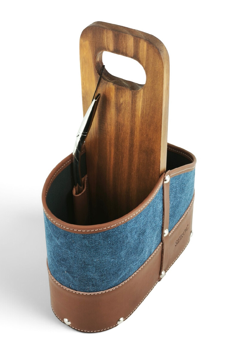 Porta termo y mate en madera y lona con porta celular y porta bombilla Azul