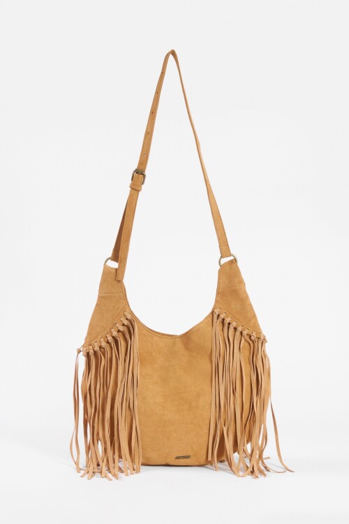 Cartera bandolera suede con flecos camel