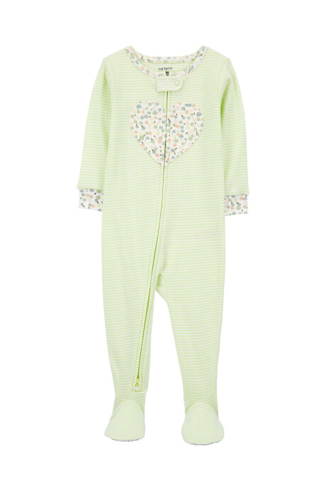 Pijama una pieza de algodón, con pie, verde, estampa corazón Sin color