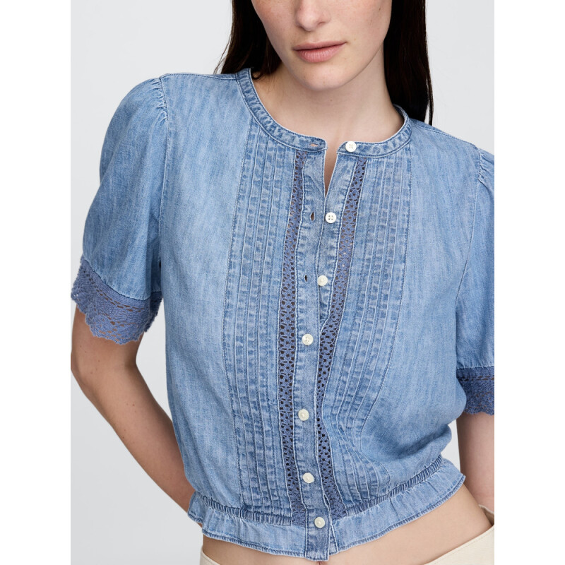 SS LACE INSERT FASHION SHIRT - DENIM LIGHT WASH