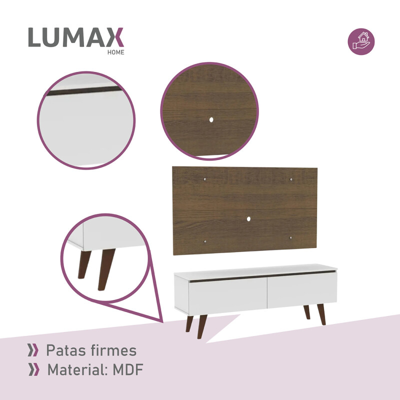 Rack TV mueble Lumax + panel rústico con estantes 55” Blanco/Marron