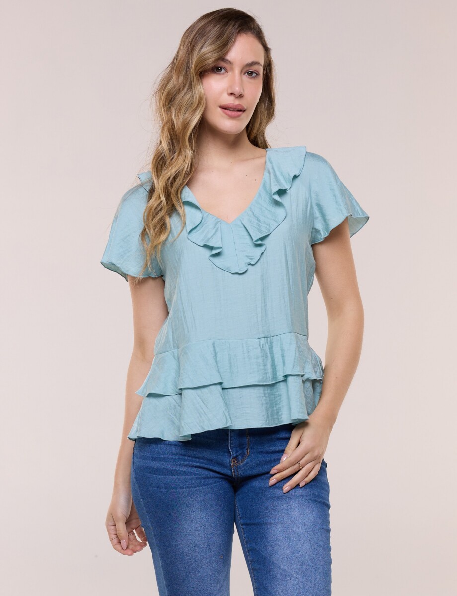 Blusa Satén Péplum - Verde Agua 