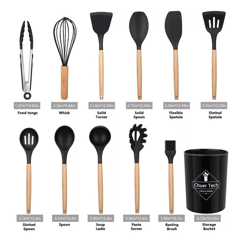 Kit Set Utensilios Para Cocina Madera Y Goma Negro