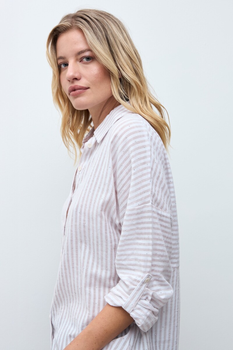 Camisa rayada con brillos beige