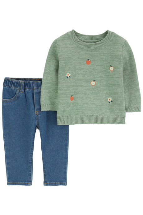 Set dos piezas, pantalón jean y buzo de algodón, diseño frutal Sin color