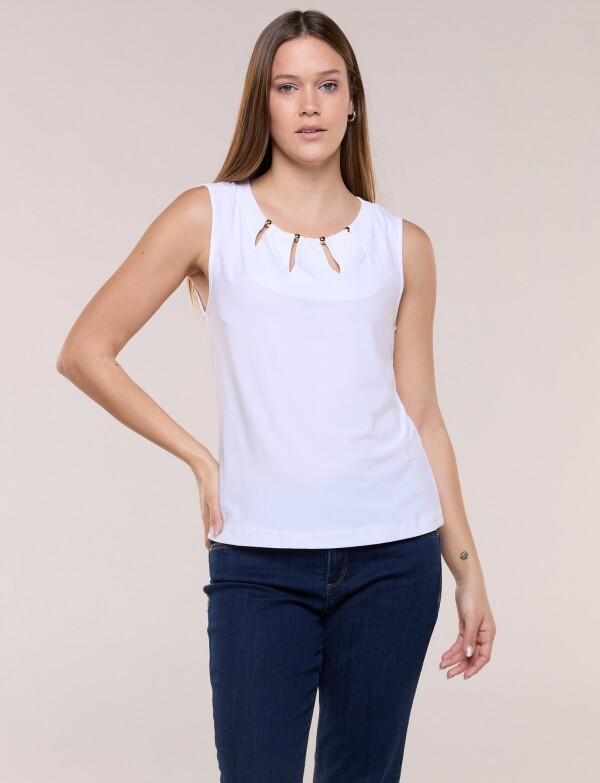 Blusa Escote Fruncido Y Cuentas Doradas BLANCO