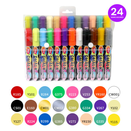 Set X24 Marcadores Tiza Líquida Punta Reversible Chalk Neon Brillo P/ Vidrio, Papel, etc Esc001001