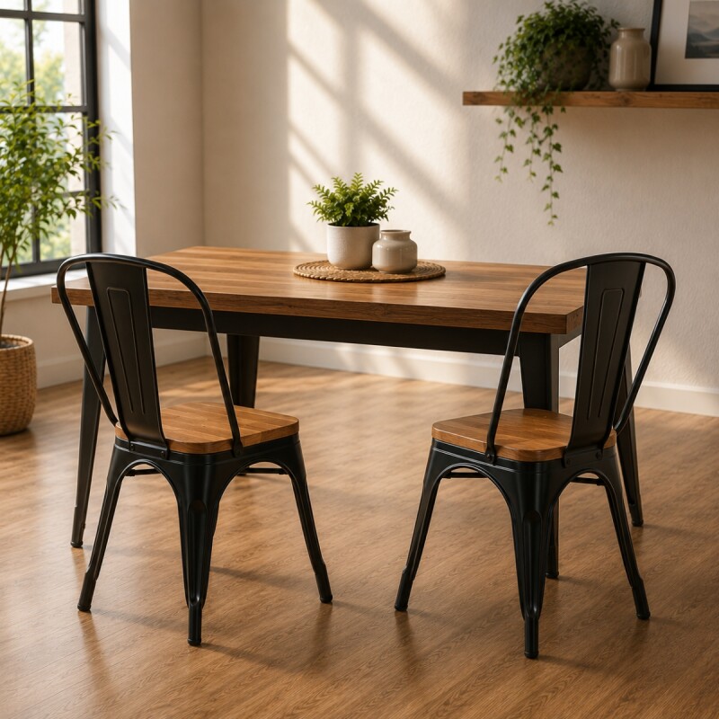 Set X2 Silla Tolix asiento en madera vintage NEGRO