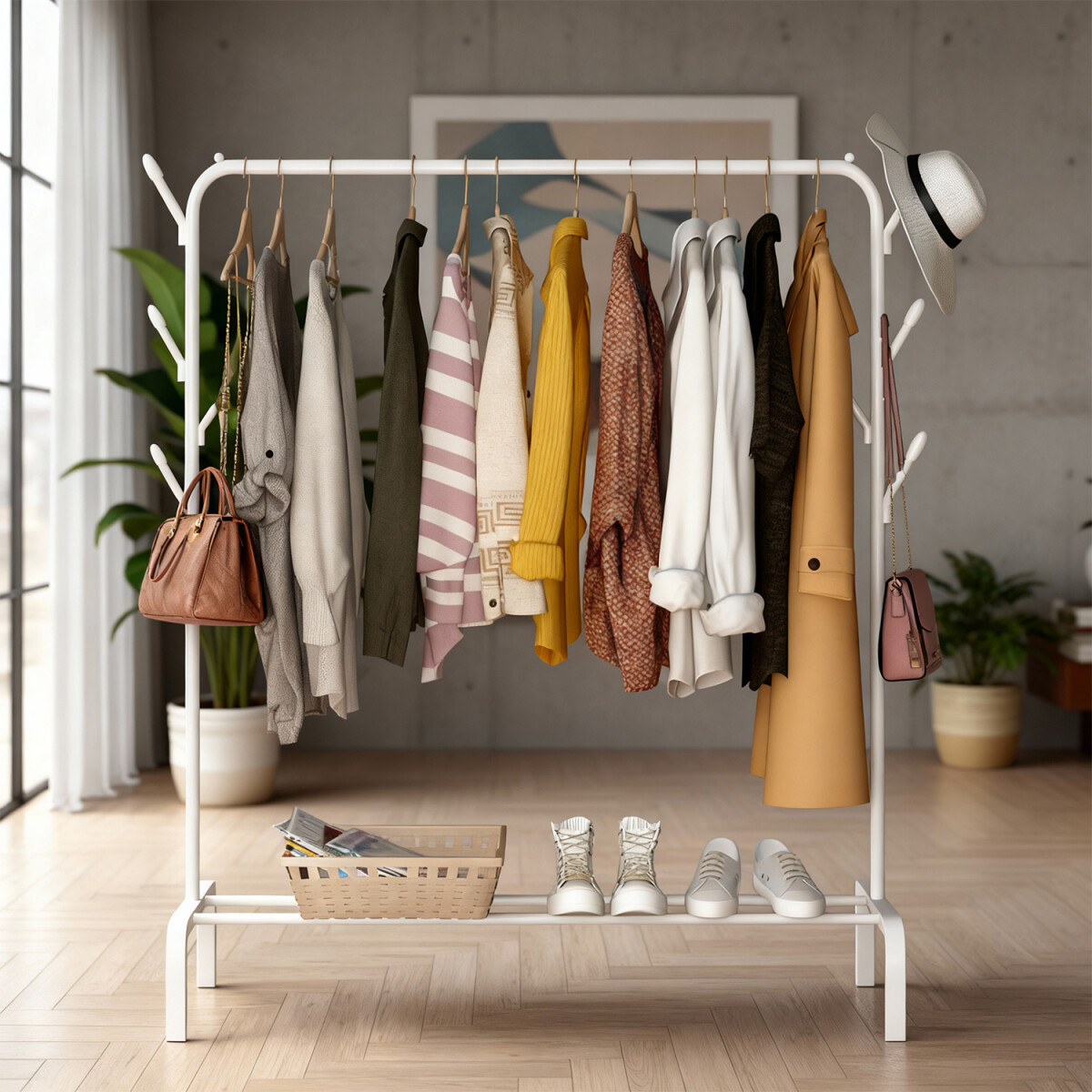 Perchero Para Ropa Con Perchas Ganchos Armario de Metal con Estante Zapatero Imback Color Blanco 