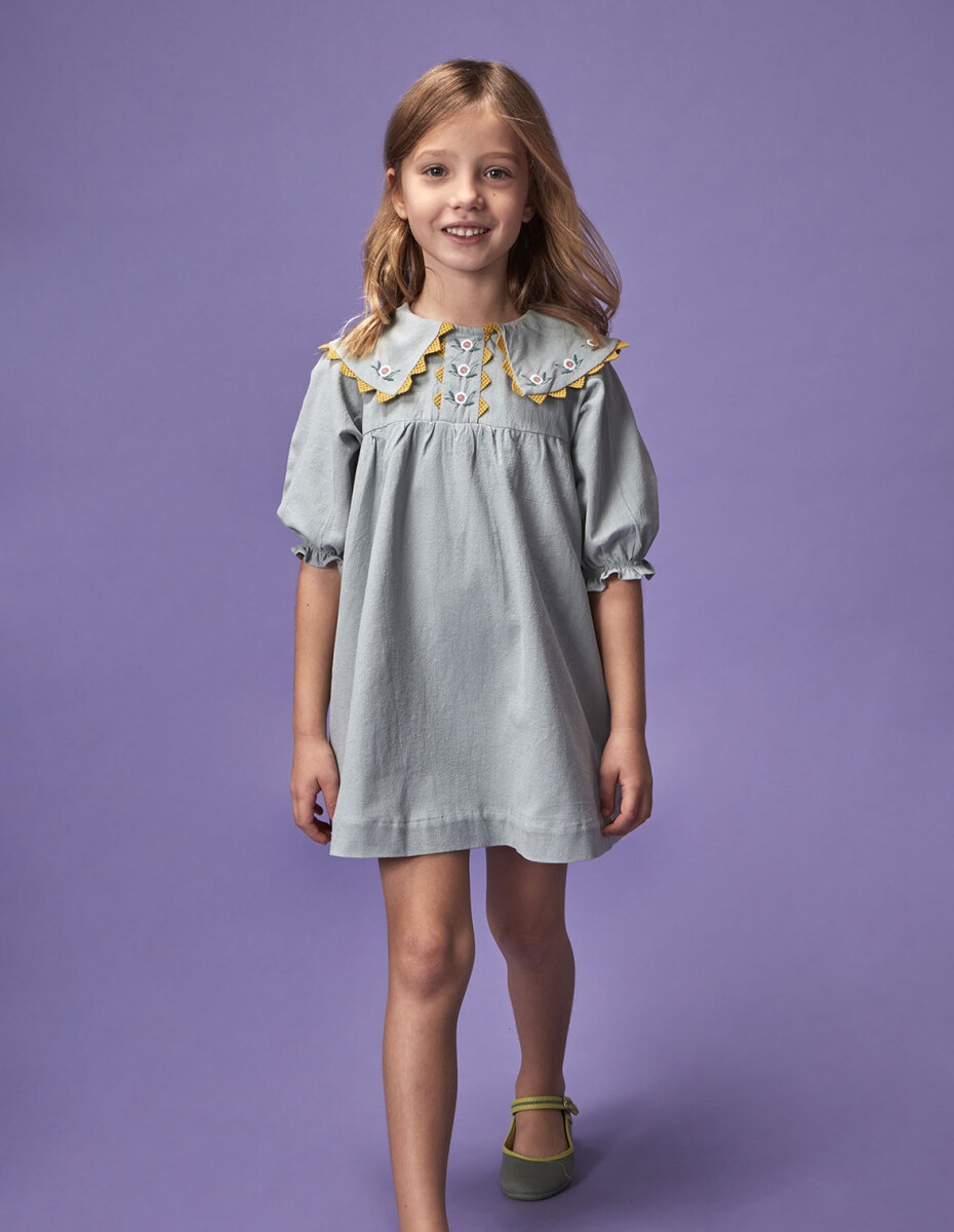Vestido Con Cuellos Pico Bordados - Azul 