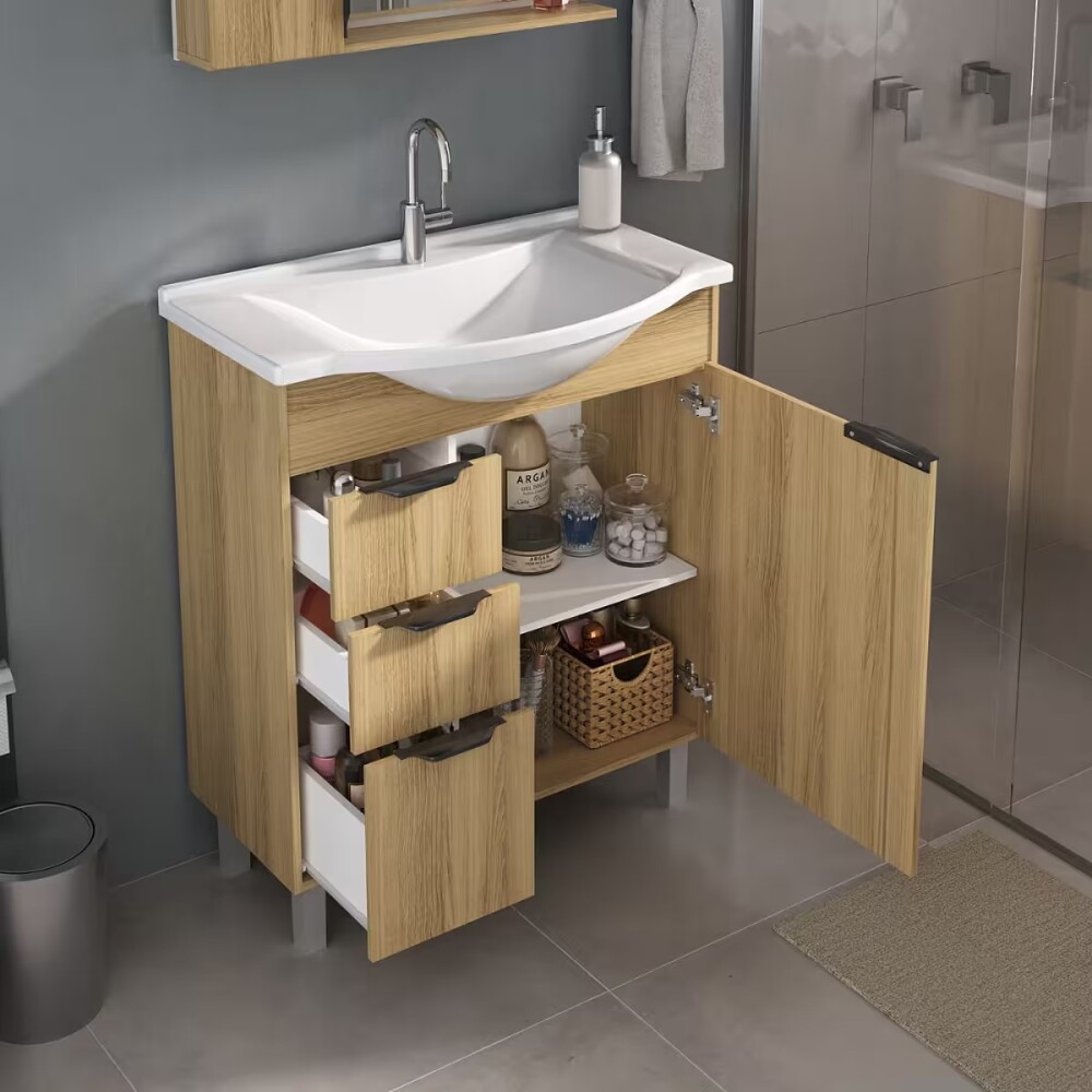 Mueble de baño de pie Crystal Roble 72 cm con Bacha de resina y espejo con botiquín Mueble De Baño De Pie Crystal Roble 72 Cm Con Bacha De Resina Y Espejo Con Botiquín