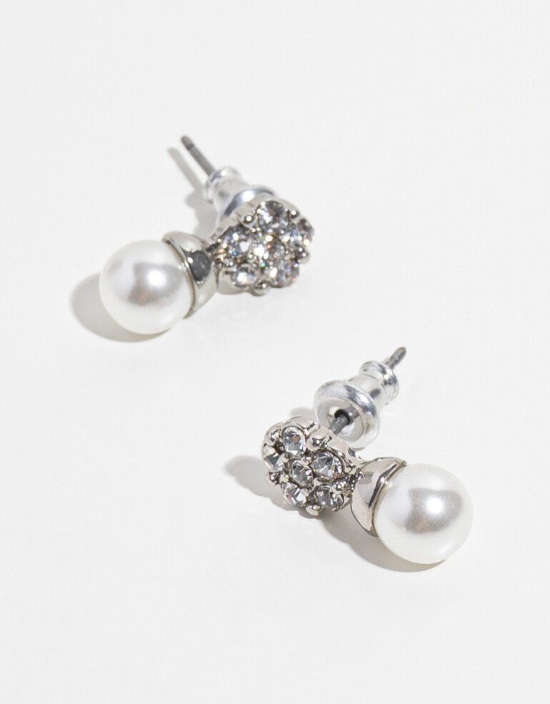 Aros Colgantes Cortos Perla Aros Con Strass Y Perla - Plateado Rodio